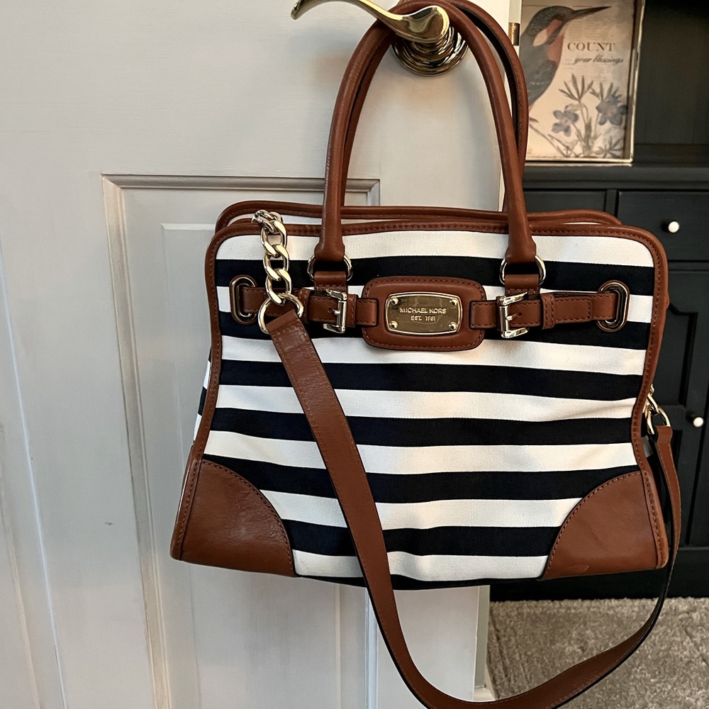 Michael Kors large Navy and white stripe with brown leather straps and handles
